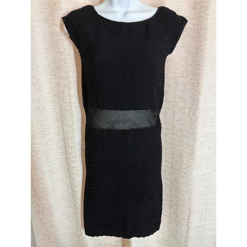 Black Textured Mesh Waist Bodycon Dress Cap Sleeve Chevron Popcorn Knit Medium
